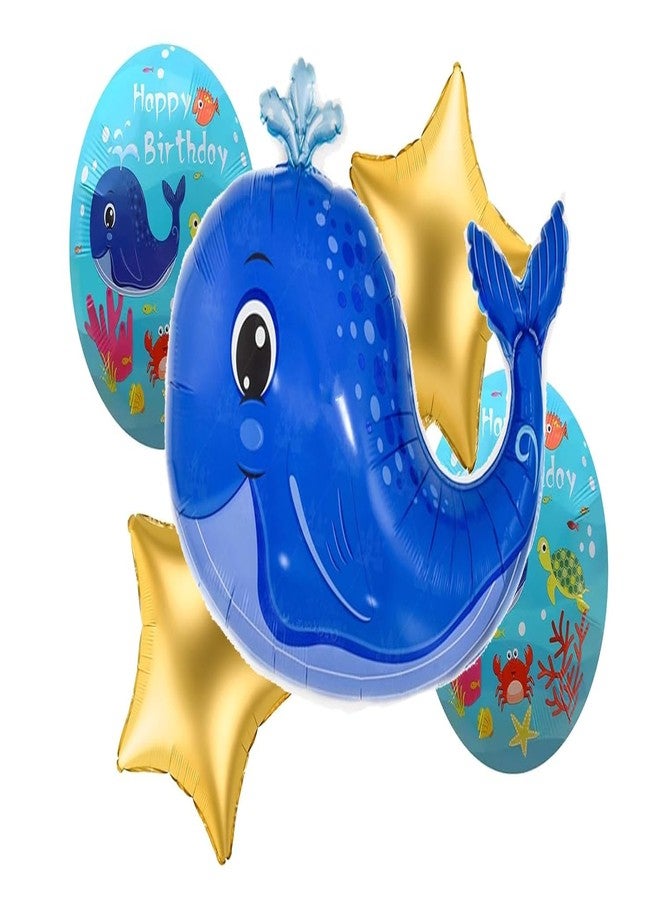 RSAAUD® Set of 5 Whale Fish Shaped Foil Balloon, Under Sea Kids Party Supplies, Under Water Theme Birthday Party, Fish Foil Balloons, Birthday Balloon/Marine Theme Balloon (Blue Whale with Gold Star) - Image 1