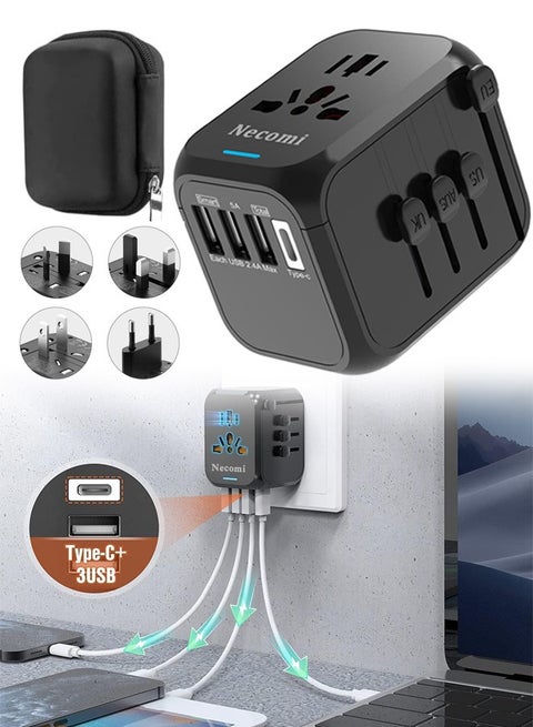 All-in-One Universal Travel Adapter with Storage Bag, International Converter Wall Charger AC Plug Adaptor with 3 USB And 1 Type-C，4 Plug Types with Safety Door Fuse for US UK EU AU Asia