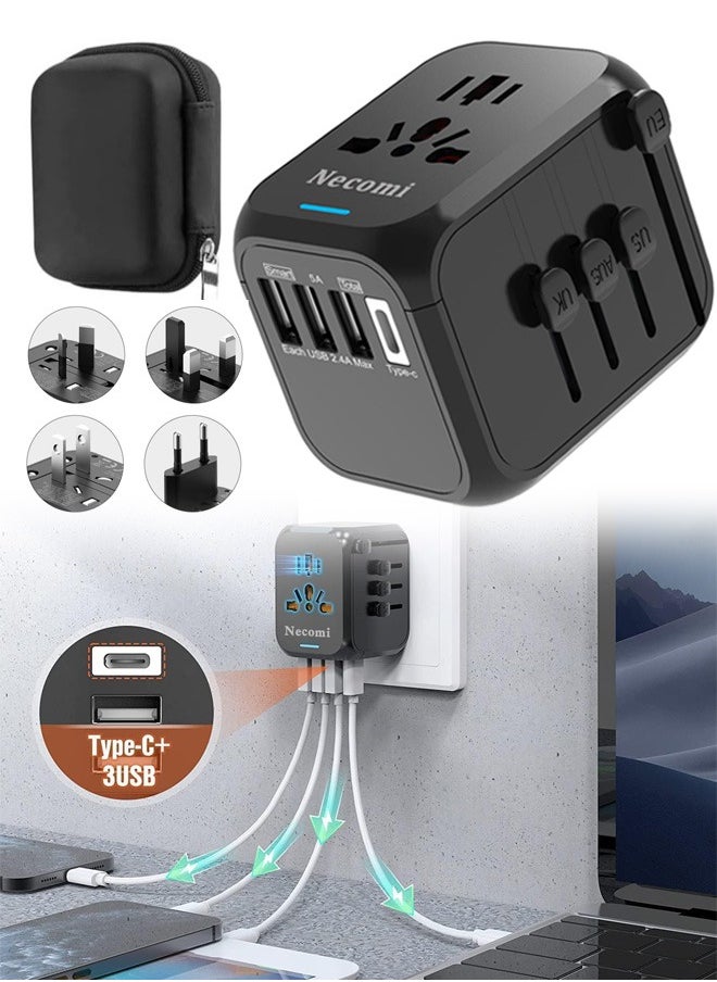 Necomi - All-in-One Universal Travel Adapter with Storage Bag, International Converter Wall Charger AC Plug Adaptor with 3 USB And 1 Type-C，4 Plug Types with Safety Door Fuse for US UK EU AU Asia - Image 1