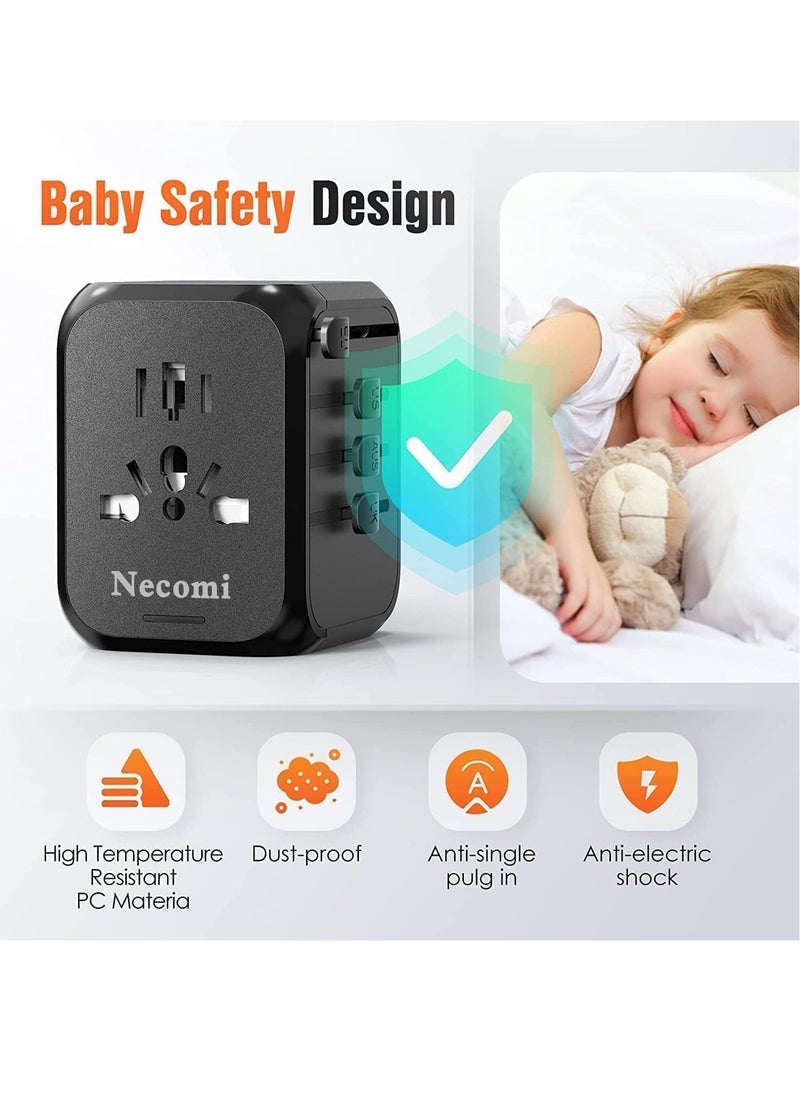 Necomi - All-in-One Universal Travel Adapter with Storage Bag, International Converter Wall Charger AC Plug Adaptor with 3 USB And 1 Type-C，4 Plug Types with Safety Door Fuse for US UK EU AU Asia - Image 1