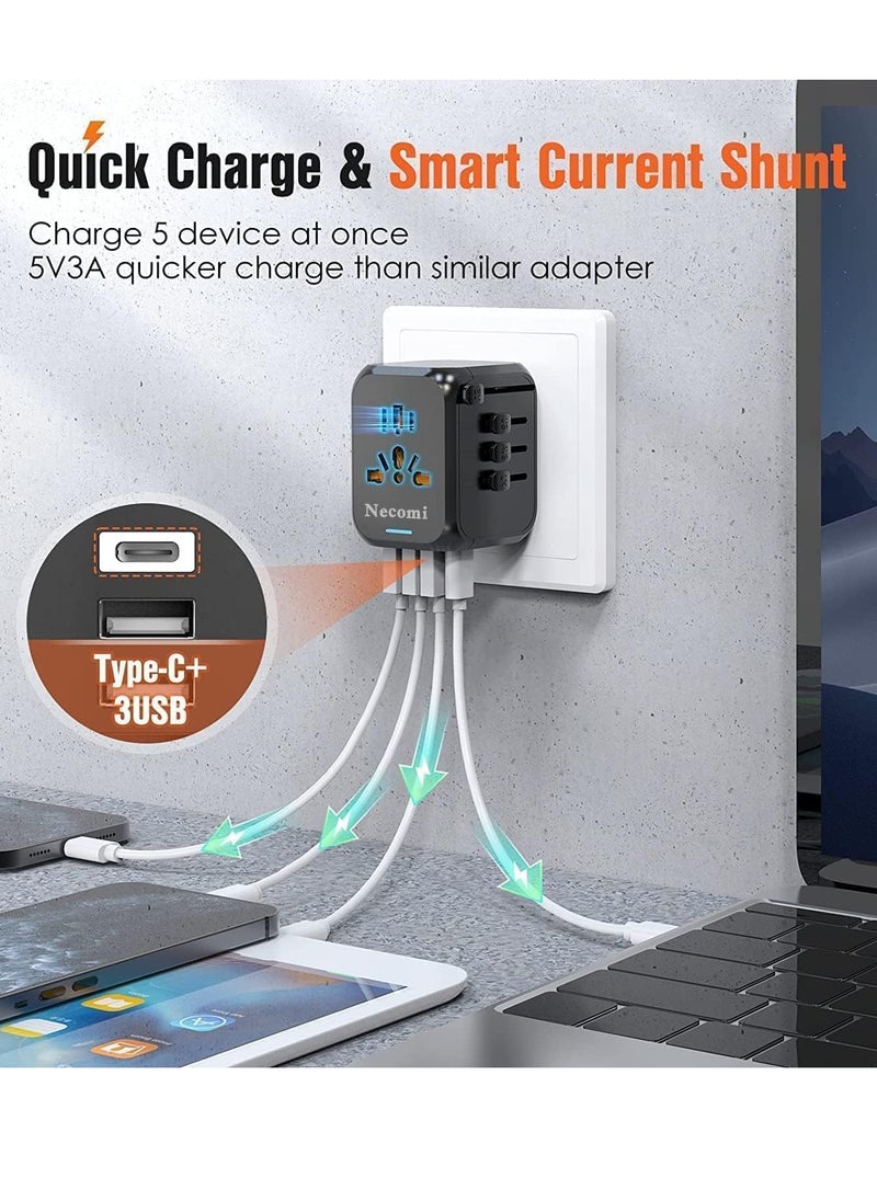 Necomi - All-in-One Universal Travel Adapter with Storage Bag, International Converter Wall Charger AC Plug Adaptor with 3 USB And 1 Type-C，4 Plug Types with Safety Door Fuse for US UK EU AU Asia - Image 1
