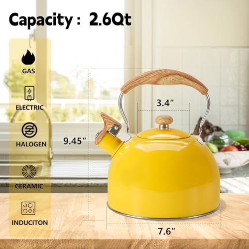 Foedo Tea KettleWhistling Tea Kettle Stovetop 26 Quart Tea Pots for Stove Top Food Grade Stainless SteelWood Pattern HandleYellowWith Anti Scald Towel - Image 3