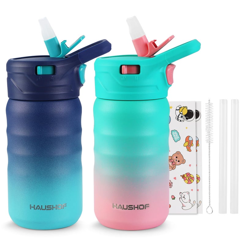 HAUSHOF Kids Water Bottle 2Pack 12 oz BPAfree with Straw and Stickers Stainless Steel Vacuum Double Wall Insulated cup with Leak Proof for school Gifts Boys and GirlsBluePink