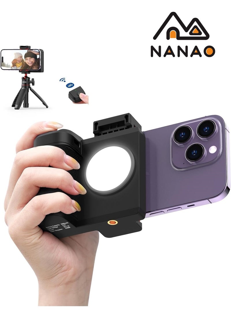NANAO - PH-10 Ungraded Smartphone Camera Shutter Handle Grip w Detachable Wireless Bluetooth Remote Control,Three-Gear Adjustable Fill Light for iPhone Samsung Google OnePlus Phones Video/Photo Shooting - Image 1