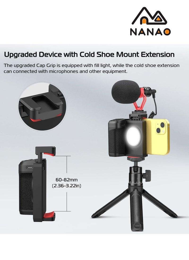 NANAO - PH-10 Ungraded Smartphone Camera Shutter Handle Grip w Detachable Wireless Bluetooth Remote Control,Three-Gear Adjustable Fill Light for iPhone Samsung Google OnePlus Phones Video/Photo Shooting - Image 1