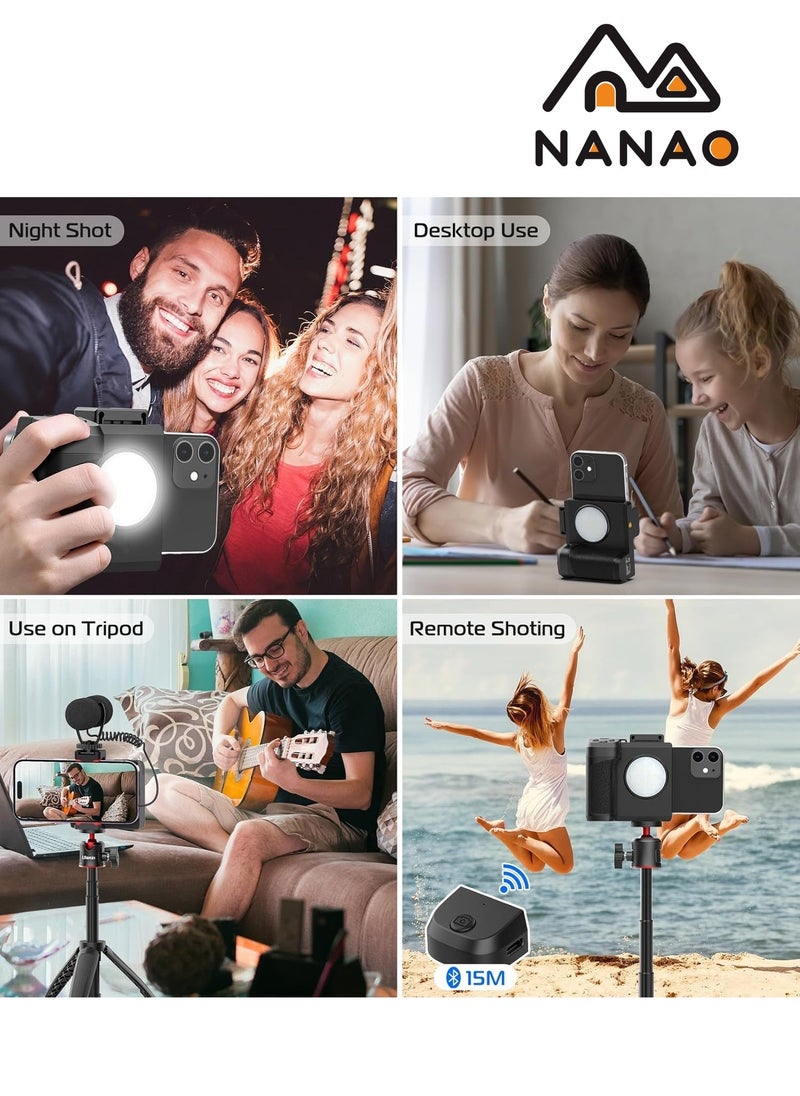 NANAO - PH-10 Ungraded Smartphone Camera Shutter Handle Grip w Detachable Wireless Bluetooth Remote Control,Three-Gear Adjustable Fill Light for iPhone Samsung Google OnePlus Phones Video/Photo Shooting - Image 1