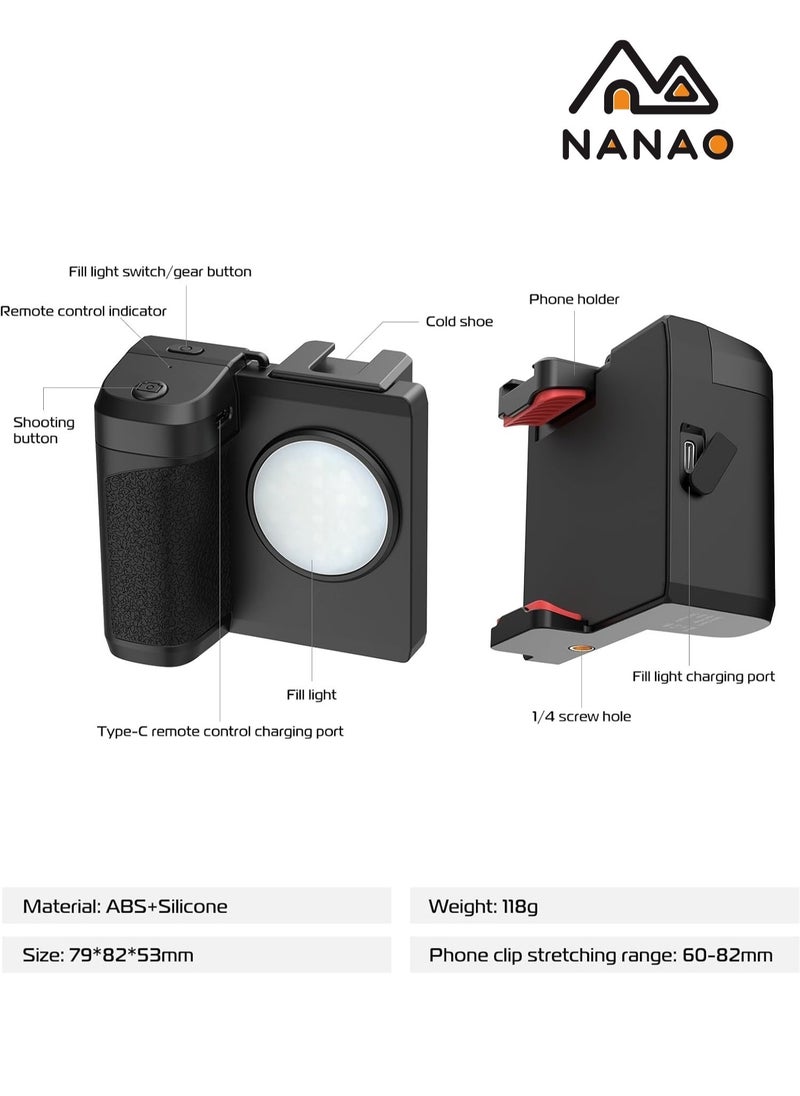 NANAO - PH-10 Ungraded Smartphone Camera Shutter Handle Grip w Detachable Wireless Bluetooth Remote Control,Three-Gear Adjustable Fill Light for iPhone Samsung Google OnePlus Phones Video/Photo Shooting - Image 1