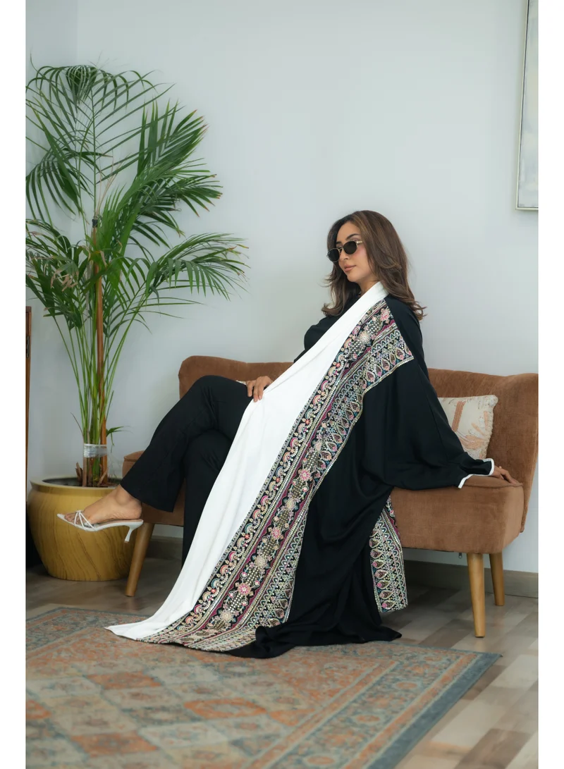 via abaya Luxury Blackberry Abaya with Embroidered Indian Linen and White Silk Details
