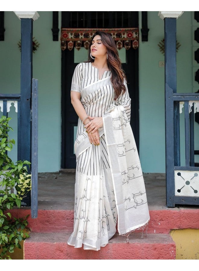 Elegant White Linen Cotton Saree with Black Stripes and Arrow Motifs, Traditional Style - Image 2
