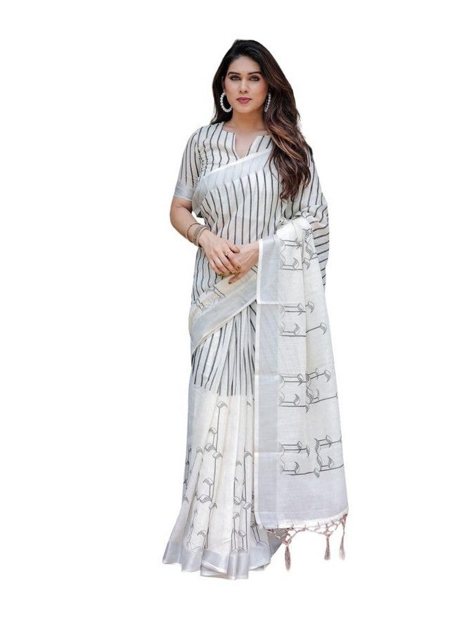 Elegant White Linen Cotton Saree with Black Stripes and Arrow Motifs, Traditional Style - Image 1
