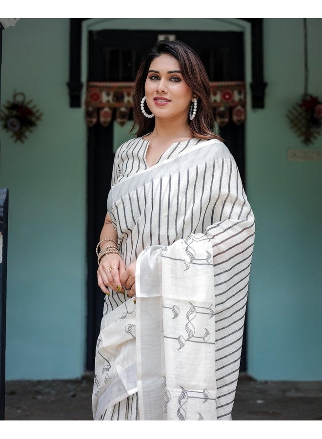 Elegant White Linen Cotton Saree with Black Stripes and Arrow Motifs, Traditional Style - Image 3