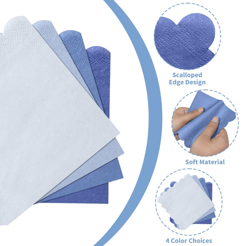 Xiangqu 120 Pack Dusty Blue Napkins, 5 x 5 Inch Boy Baby Shower Napkins Gradient Blue Cocktail Napkins Scalloped Napkins Beverage Napkins for Dinner Wedding Baby Shower Bridal Anniversary Reception - Image 3