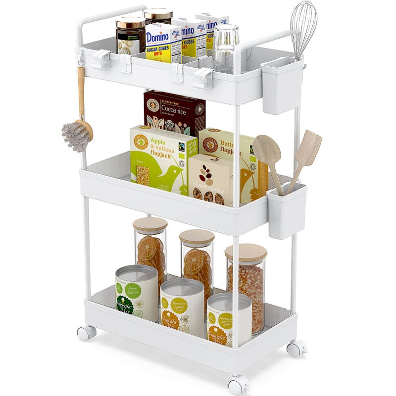 Ronlap Slim Storage Trolley 3 Tier Rolling Cart Storage Organizer Utility Rolling Cart with Handle Hanging Cups Dividers for Office Bathroom Kitchen Laundry Room Narrow Places White