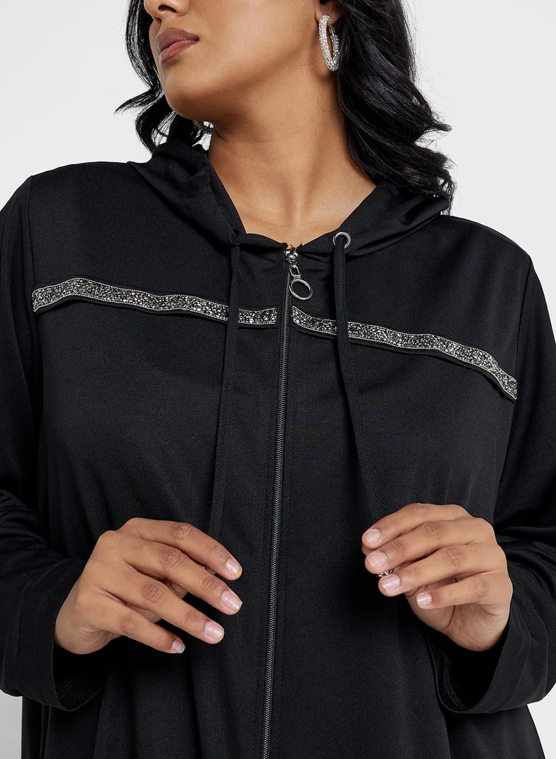 Tavin by Modanisa Stripe Detail Hooded Longline Coat