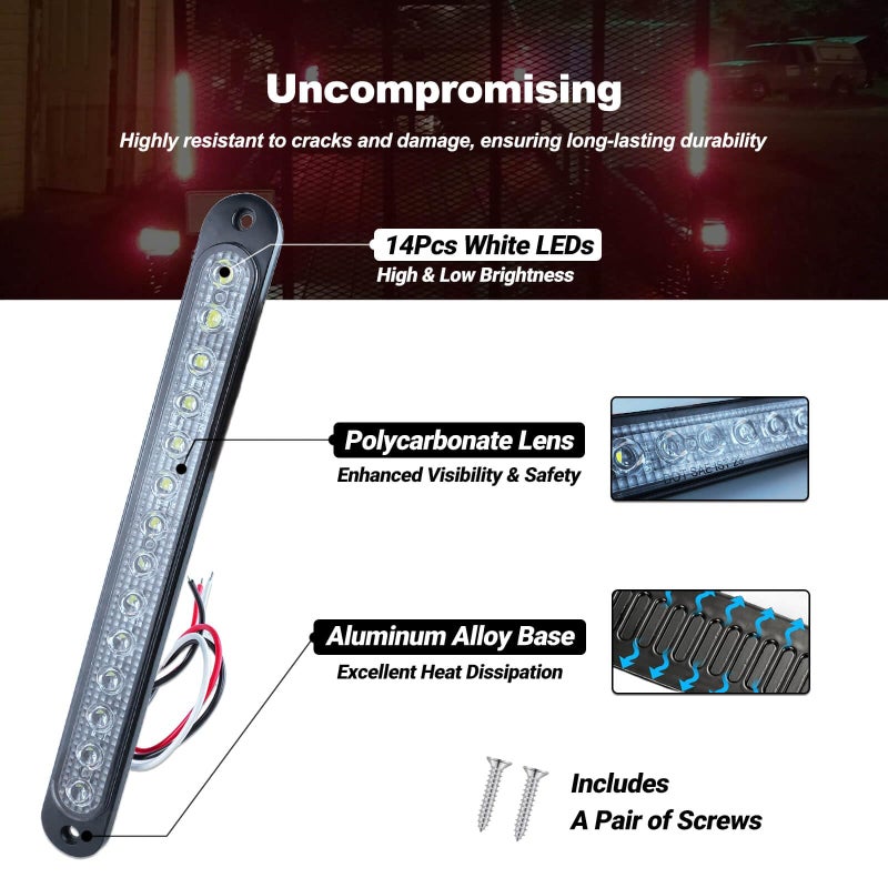XtraGlow 10" White Trailer LED Reverse Lights Bar Strip Truck Bed Backup Lights Rear Running Side Marker for Truck RV Aluminum Alloy Base, 15 LEDs 2Pcs - Image 3