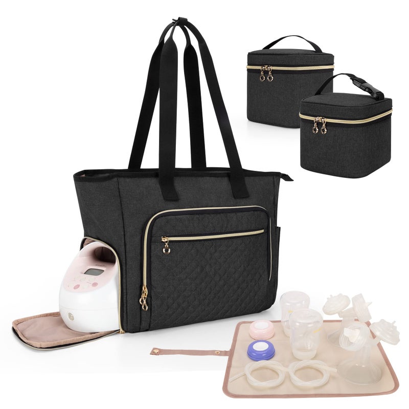 LUXJA Breast Pump Bag Compatible with Spectra S1 and S2 (with a Breastmilk Cooler Bag, a Small Carrying Case and a Waterproof Mat), Pumping Bag for Breast Pump and Extra Parts, Black - Image 1