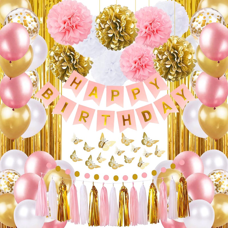 Pink and Gold Birthday Party Decorations for Women with Happy Birthday BannerCurtains Butterfly WallCircle Dots GarlandTissue PompomsPaper Tassels Garland for Her