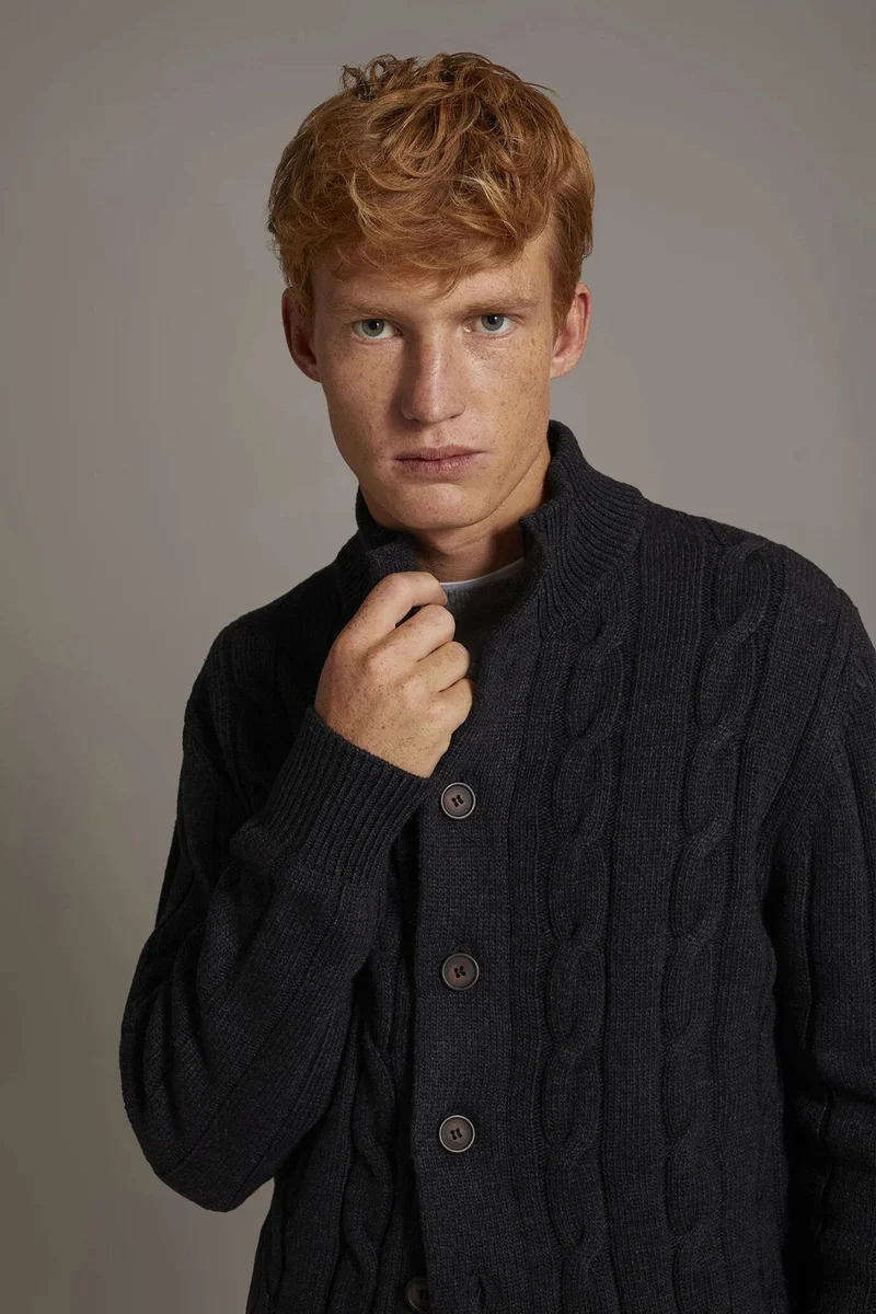 Doppelganger Grey Wool mixed cardigan with braids - DK Grey for Men | Best Price UAE
