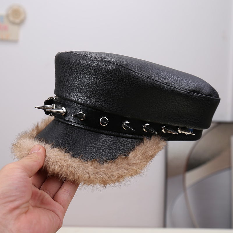 Kujo Jotaro Cos Punk Style Flat Cap For Men And Women Personalized Leather Long Rivets Leopard Print Silver Peaked Cap - Image 1