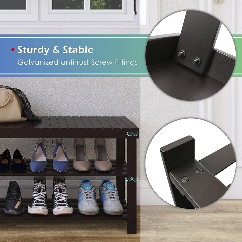 SMIBUY مقعد رف الأحذية الخيزران القوي من SMIBUY، منظم أحذية من 3 طبقات، رف تخزين للمدخل والممر والحمام وغرفة المعيشة (بني داكن) - Image 5