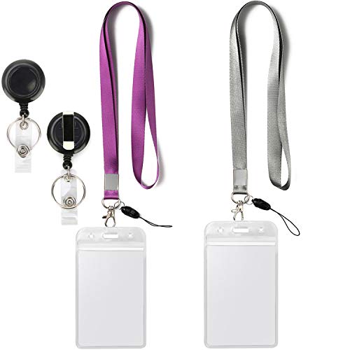 YOUOWO 2 Pack Lanyards with Vertical ID Badge Holders and Retractable Badge Reel with Clips,Office Neck Grey Purple Lanyard Waterproof - Image 3