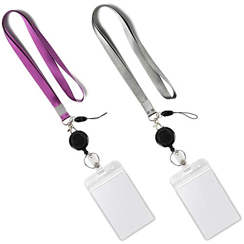 YOUOWO 2 Pack Lanyards with Vertical ID Badge Holders and Retractable Badge Reel with Clips,Office Neck Grey Purple Lanyard Waterproof - Image 2