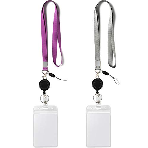 YOUOWO 2 Pack Lanyards with Vertical ID Badge Holders and Retractable Badge Reel with Clips,Office Neck Grey Purple Lanyard Waterproof - Image 1