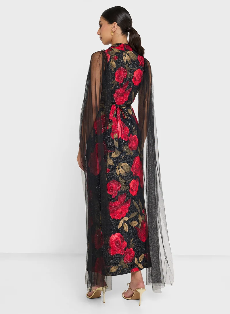 Golden Apple Floral Pleated With Fur Belt Dress