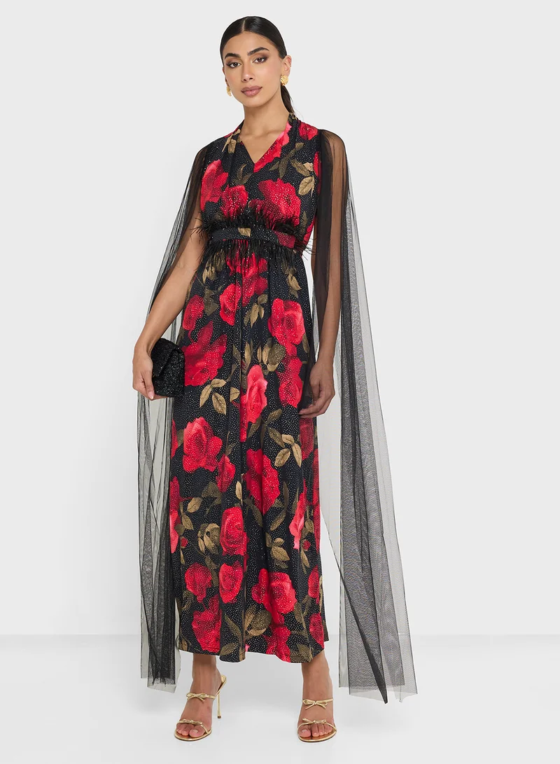 Golden Apple Floral Pleated With Fur Belt Dress