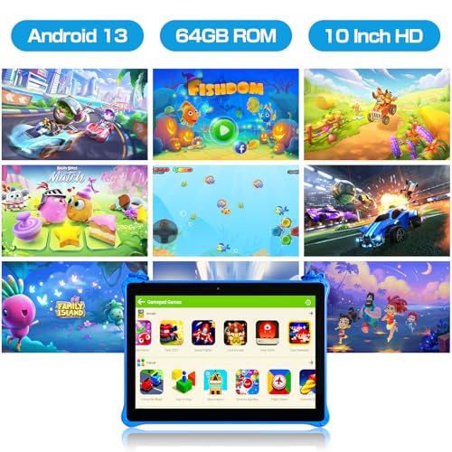 PRITOM 10 inch Kids Tablets Android 13, Tablet with Lanyard 64GB, Quad-Core, HD IPS Display, WiFi, Dual Camera, Toddler Tablet for Kids Age 3+, Blue - Image 2