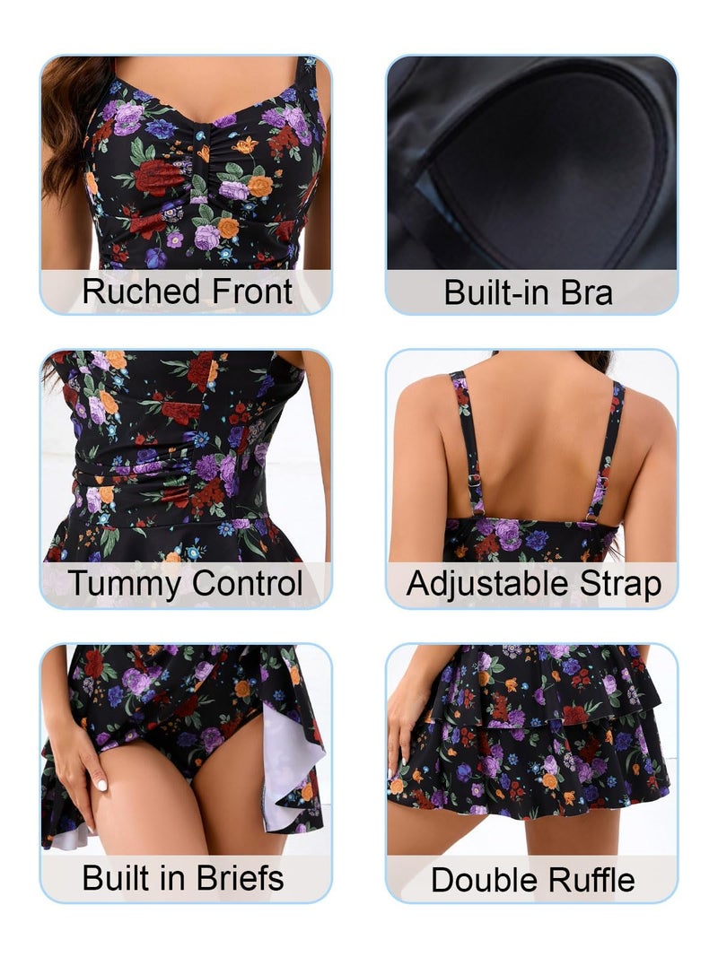 Halcurt Women's One Piece Swimsuit with Skirt Ruched Ruffle Tummy Control Swim Dress Bating Suit Floral M - Image 4