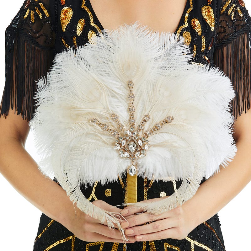 بايبيوند باقة زفاف عتيقة من الريش من عشرينيات القرن الماضي مع كريستالات لرفيقات العروس باقة زفاف غاتسبي باللون البيج