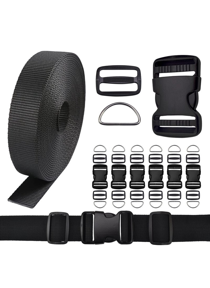 CooBigo CooBigo 125 Inch Buckles Straps Set 6 Yards 125 Inch Black Nylon Webbing Strap 6 Pcs Quick Side Release Plastic Buckle Dual Adjustable 12pcs Triglide Slide Clip 12 Pcs Metal D Rings 
