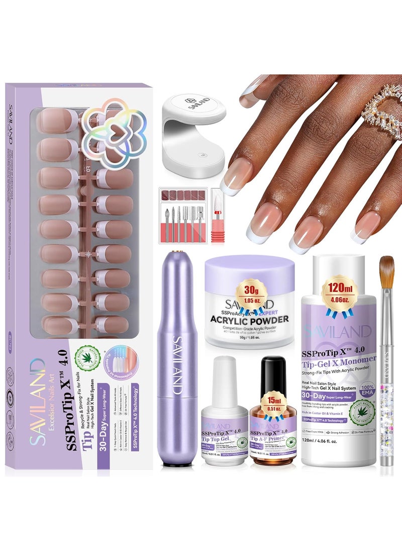 Saviland SAVILAND French Tip Acrylic Press On Nails Kit: In-Minute Long Wear & Easy French Acrylic Press-ons & Thick Short Square White Tip 150PCS Pro Acrylic Nail Kit Powder Monomer Liquid 3-Way Salon Gift 