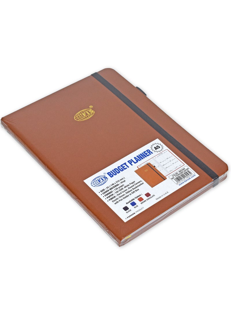 FIS FIS Budget Planner with Elastic Pen Loop, Vinyl, Size A5, White Paper, 100 GSM, 128 Pages, Hard Cover, Round Corners, Colour Brown - FSORA5BPLANVBR - Image 4