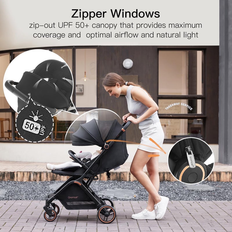 Gromast Gravity Folding Baby Stroller - Portable Travel Toddler Stroller w/Adjustable Backrest, Canopy & Cup Holder, Lightweight and UV Protected, One-Hand Automatic Folding - Black - Image 5