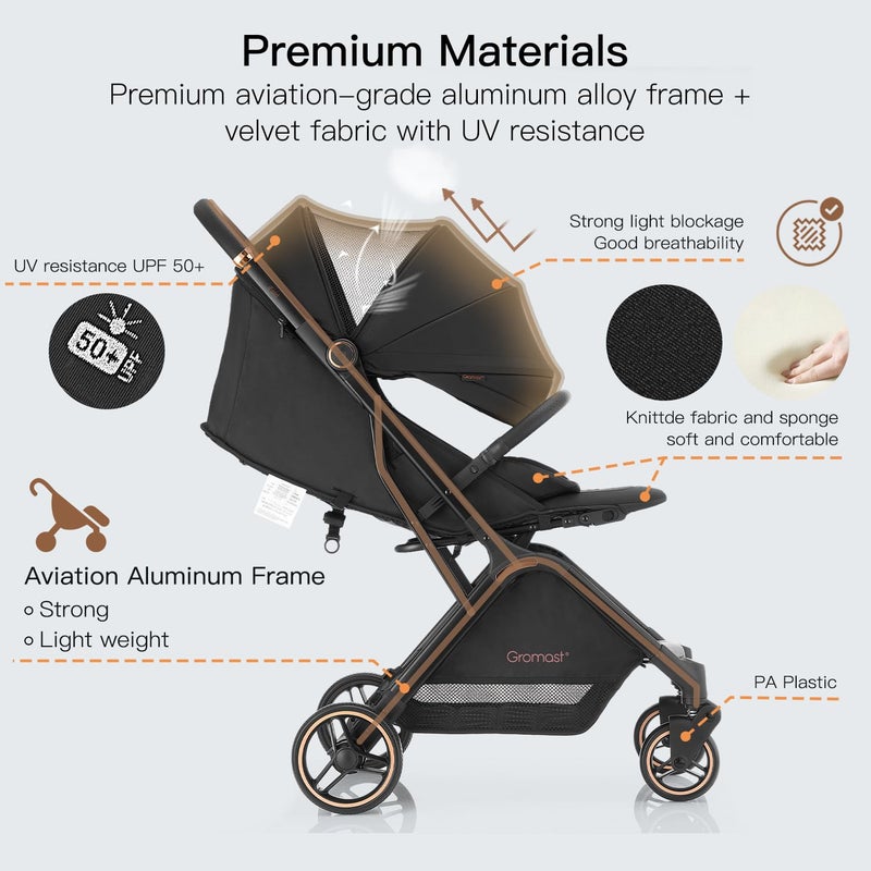 Gromast Gravity Folding Baby Stroller - Portable Travel Toddler Stroller w/Adjustable Backrest, Canopy & Cup Holder, Lightweight and UV Protected, One-Hand Automatic Folding - Black - Image 4
