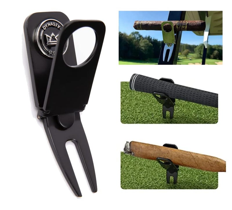 Dynasty Golf Golf Cigar Holder Golf Cart - Magnetic Golf Cart Cigar Holder Clip Keeps Your Cigar Safe - 6 in 1 Golf Divot Tool and Ball Marker - Cigar Clamp Golf Cart - Image 1