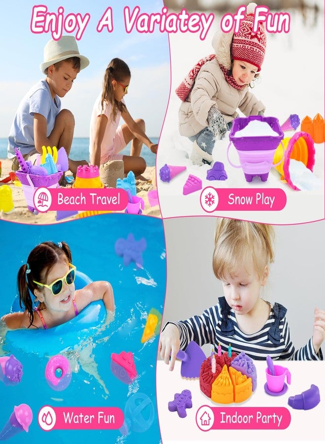 Elovien Beach Sand Toys, 50Pcs Sandbox Toys with 2 Collapsible Buckets, Mesh Backpack Bag, Shovels, Ice Cream, Cake & Castle Sand Molds, Summer Outdoor Travel Toys for Kids Toddlers Girls - Image 5