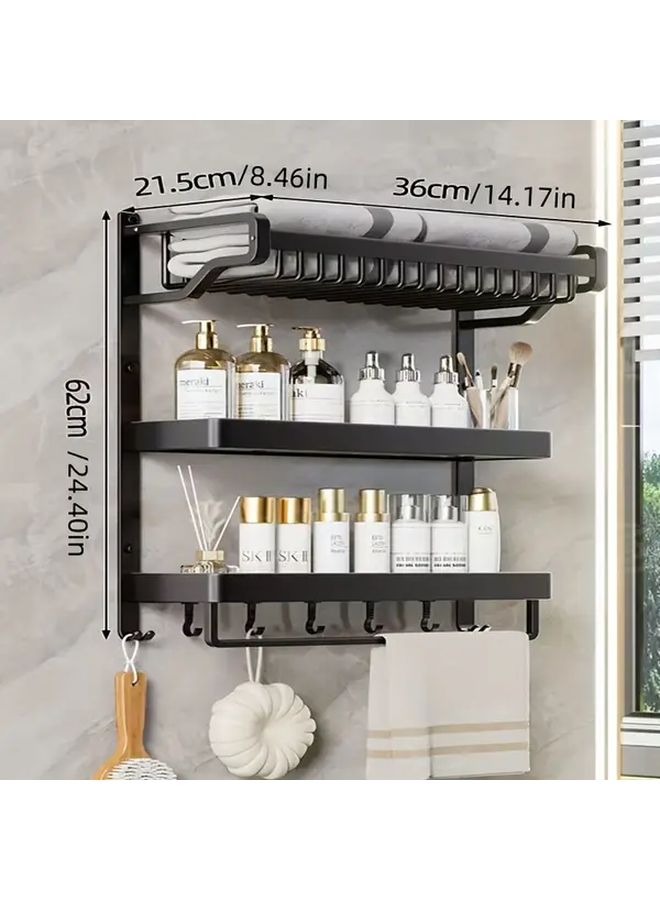 3 Tier Black Aluminum Wall Mounted Towel Rack No Drill Bathroom Shelf - Image 3