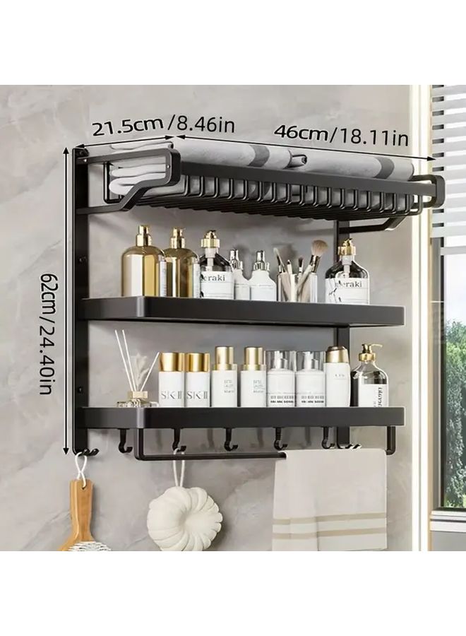 3 Tier Black Aluminum Wall Mounted Towel Rack No Drill Bathroom Shelf - Image 2