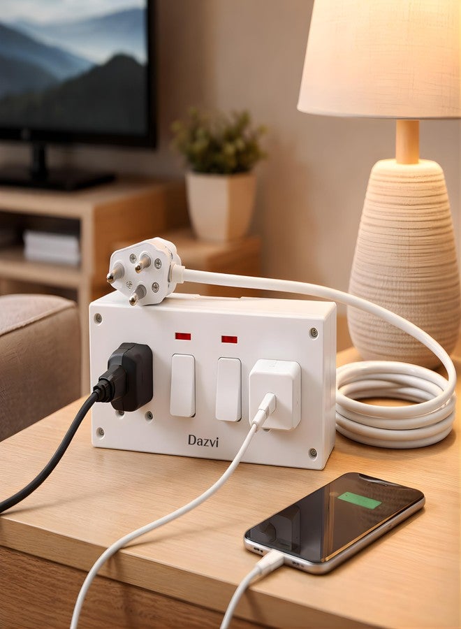 DAZVI لوحة تمديد دازفي شديدة التحمل 6 أمبير، شريط طاقة بمقبسين مع مفاتيح فردية ومؤشر LED، سلك مرن طويل من البولي كربونات، أبيض (3 أمتار) - Image 5