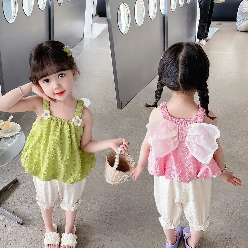 Sleeveless Suspender Bow Girl'S Fashionable Two-Piece Set Girl'S Flower Wings Summer Suit Baby Girl Fresh And Fashionable - Image 2