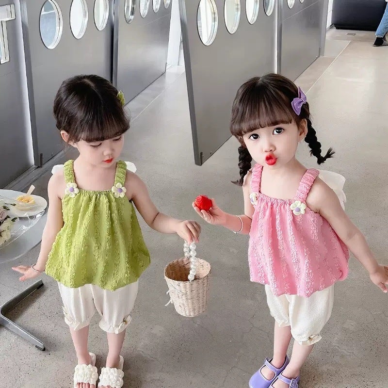 Sleeveless Suspender Bow Girl'S Fashionable Two-Piece Set Girl'S Flower Wings Summer Suit Baby Girl Fresh And Fashionable - Image 5