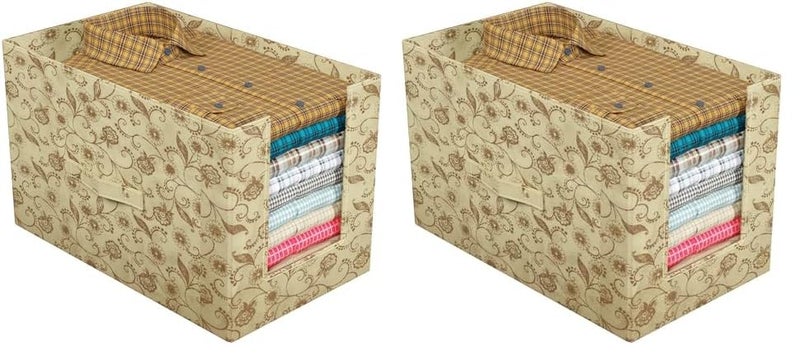 Kuber Industries Metalic Print Shirt Organizer for WardrobeFoldable Non Woven Shirt StackerDesigner Cupboard Organizer for Clothes Clothes Storage box Cream Pack of 2 - Image 1