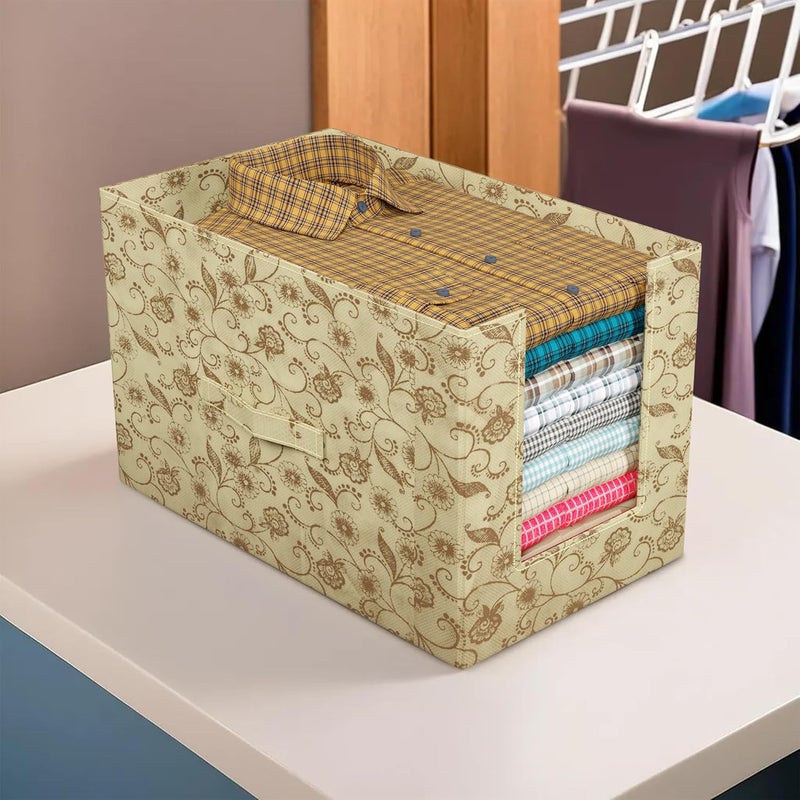 Kuber Industries Metalic Print Shirt Organizer for WardrobeFoldable Non Woven Shirt StackerDesigner Cupboard Organizer for Clothes Clothes Storage box Cream Pack of 2 - Image 2