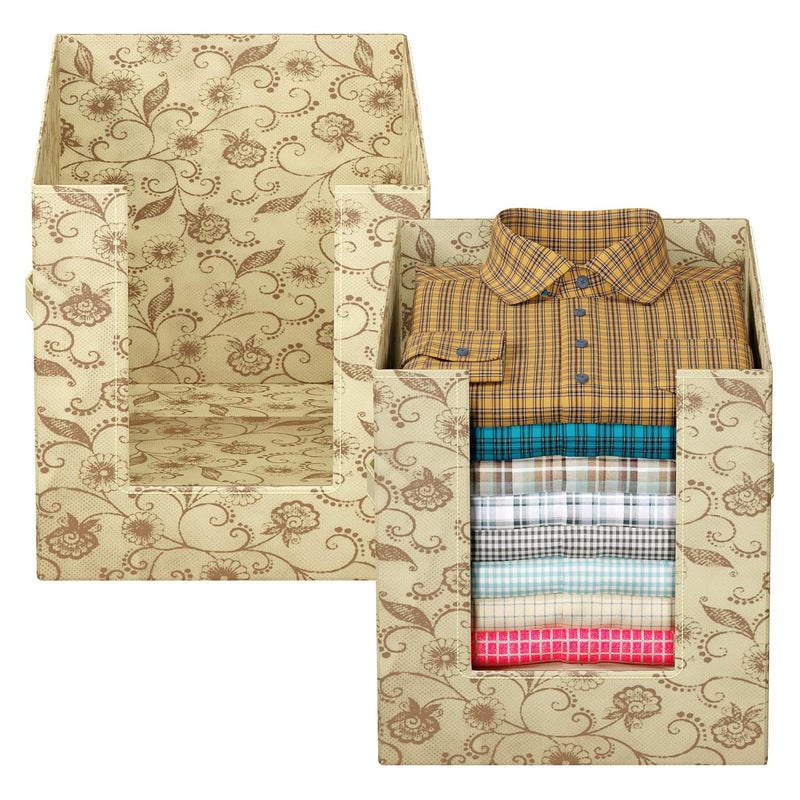 Kuber Industries Metalic Print Shirt Organizer for WardrobeFoldable Non Woven Shirt StackerDesigner Cupboard Organizer for Clothes Clothes Storage box Cream Pack of 2 - Image 5