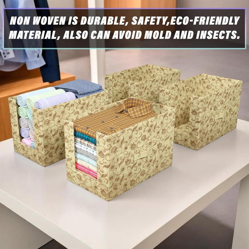 Kuber Industries Metalic Print Shirt Organizer for WardrobeFoldable Non Woven Shirt StackerDesigner Cupboard Organizer for Clothes Clothes Storage box Cream Pack of 2 - Image 4