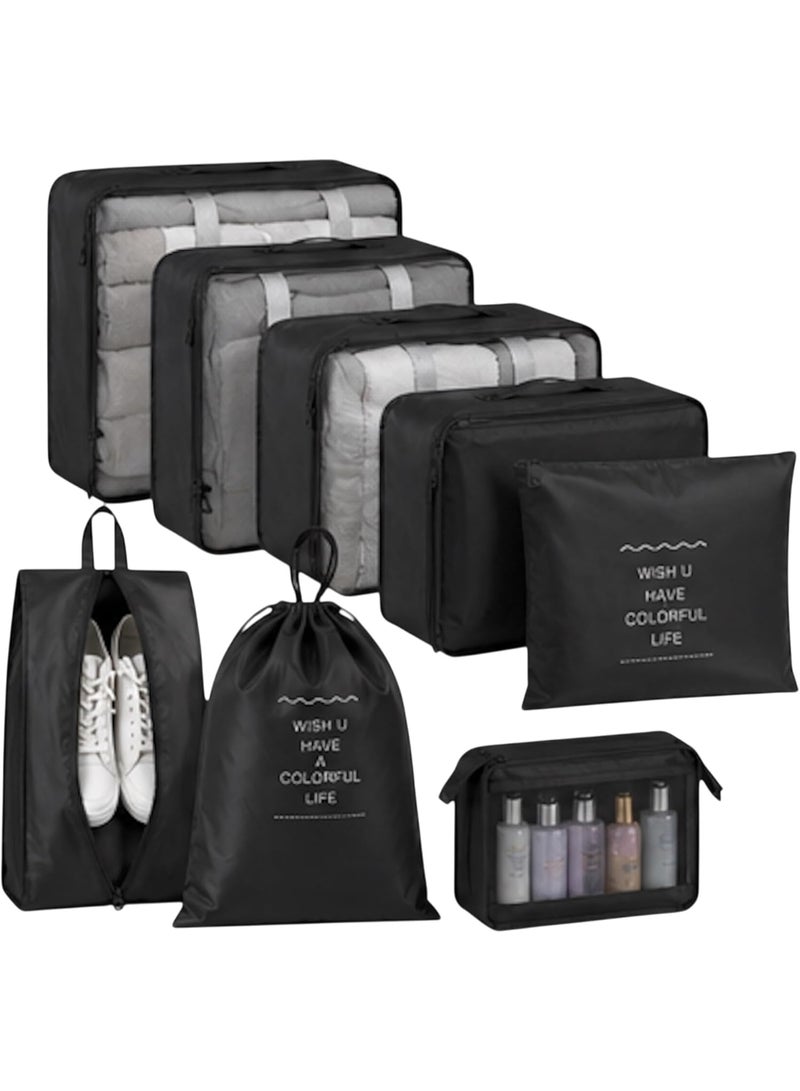 VKL 8 Piece Packing Cubes Set for Travel, Luggage Organizer Bags with Shoe Bag, Laundry Bag & Toiletry Pouch, Lightweight Space Saving Travel Accessories (Black) - Image 1