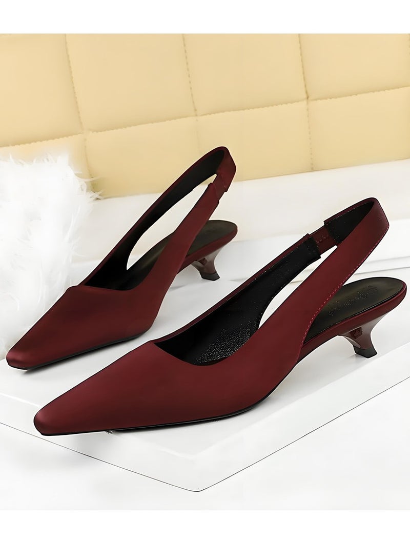BIGTREE Women's Closed Pointed Toe Pumps Slingback Low Heels With Ankle Straps Sandals Wine Red 3CM - Image 1